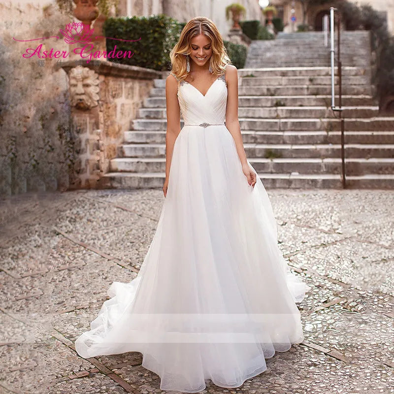 2023 Elegant Tulle Bridal Gown Spaghetti Straps Wedding Dress for Beach African Weddings Plus Size Vestido De Noiva Good Vibrations