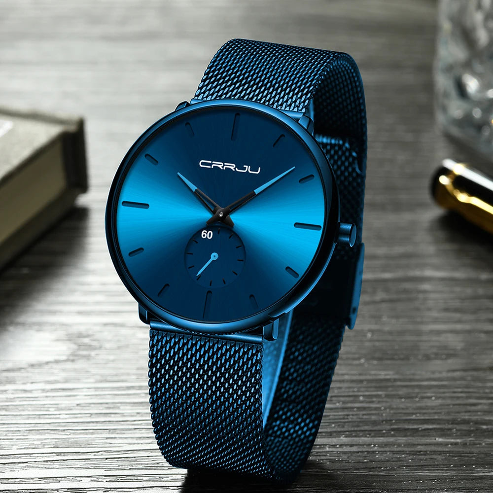 CRRJU New Watches Mens 2019 Man Fashion Simple Stainless Steel Blue Thin Watch For Men Luxury Casual Waterproof Quartz Clock Good Vibrations