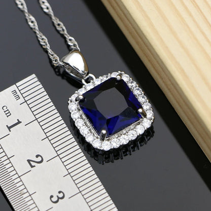 925 Silver Jewelry Sets Square Blue Sapphire Costume for Women Hoop Earrings Rings Bracelet Necklace Set Dropshipping Good Vibrations