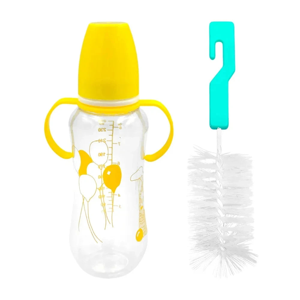 GDL Manual 250ml Plastic Baby Bottle with Plastic Bristle Brush Variety of Colors and Prints Water Flowing Through Nipple Good Vibrations