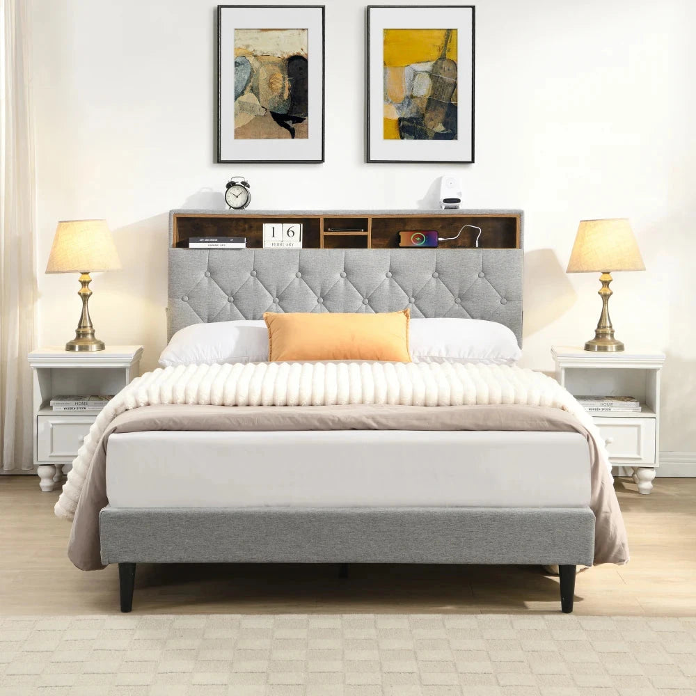 Queen-Size Upholstered Platform Bed Frame with a Modern Button-Tufted Linen Fabric Headboard,USB Ports Good Vibrations