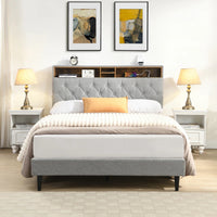 Queen-Size Upholstered Platform Bed Frame with a Modern Button-Tufted Linen Fabric Headboard,USB Ports Good Vibrations