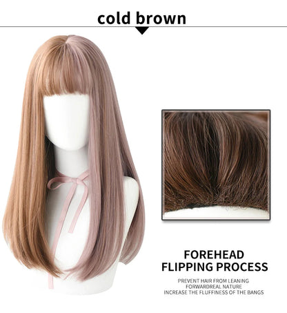 7JHHWIGS Long Wavy Synthetic Black Wigs For Women With Fringe Fashion Heat Resistant Mid-Length Daily Straight Light Brown Hair Good Vibrations
