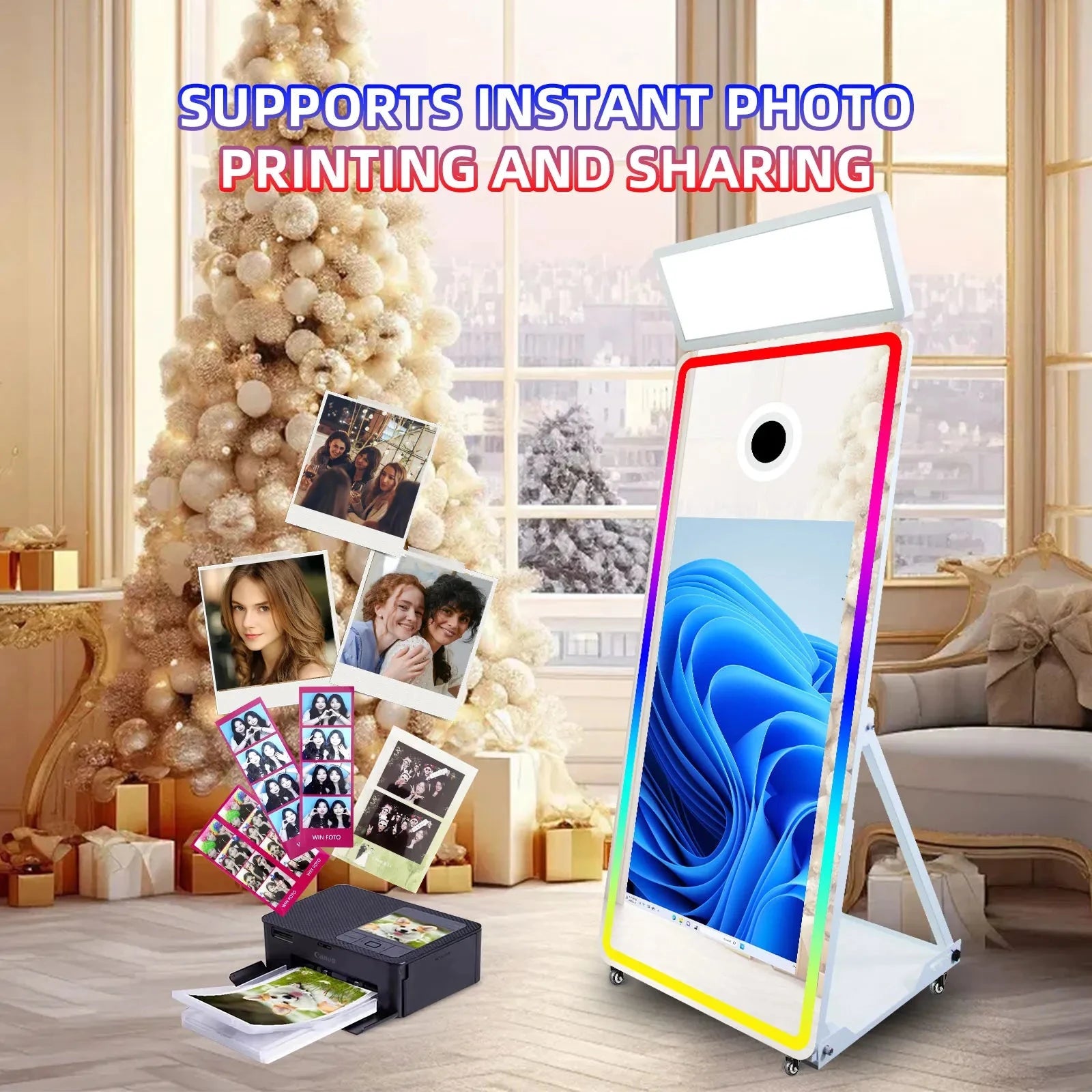 Fashion LED Frame Selfie Magic Mirror Photobooth Machine Touch Screen SLR Compatible Camera Printer for Parties and Events Good Vibrations