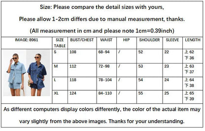Trendy Women Set 2 Piece Casual Short Sleeve Boxy Shirt Tops and Shorts Lounge Sets Outfits 2025 Summer Denim Set for Women Good Vibrations
