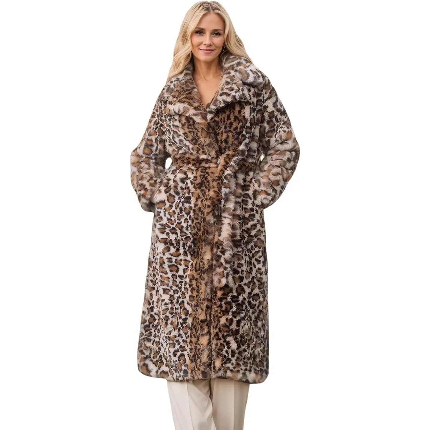 Women's Sexy Mink Faux Fur Overcoat with Long Cheetah Print Thicken Pocketed Dressy Jacket for Banquets and Outings Good Vibrations