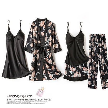 Pajamas for Women Pijama Mujer 4 Piece Set Sexy Ladies Pyjama Sleepwear Women Pajama Sets Sleep Lounge with Chest Pads Home Wear Good Vibrations