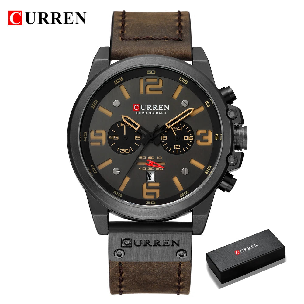 CURREN Mens Watches Top Luxury Brand Waterproof Sport Wrist Watch Chronograph Quartz Military Genuine Leather Relogio Masculino Good Vibrations