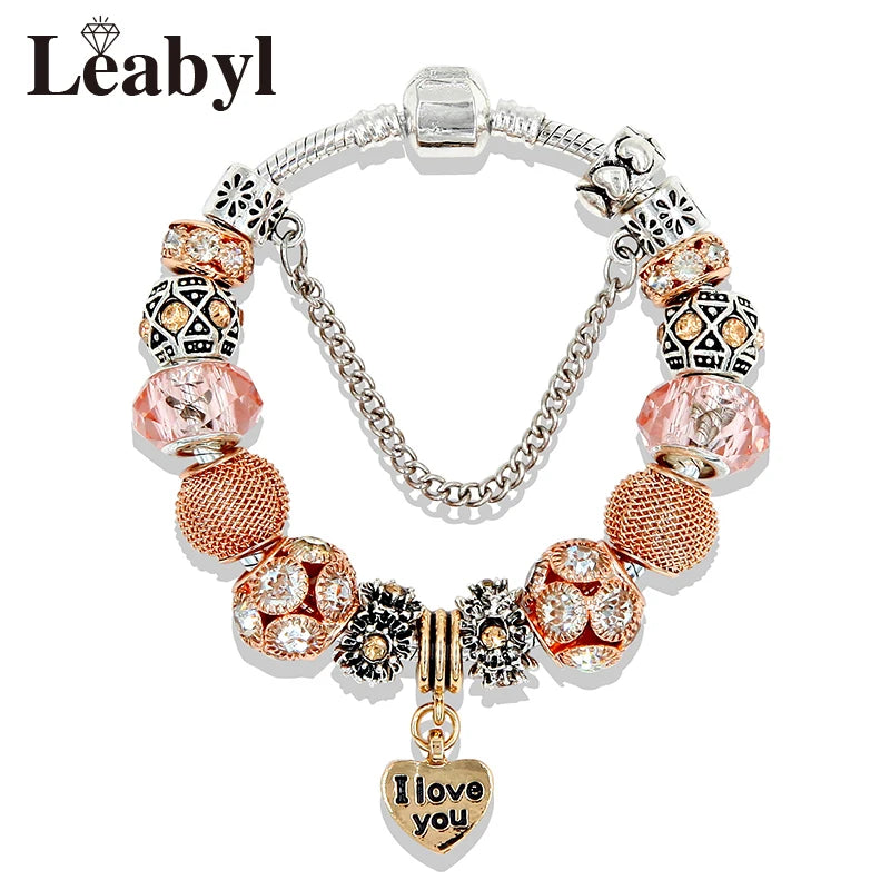 Classic Rose Gold Color Ball Charm Bracelets Diy I Love You Heart Pendant Beaded Jewelry Bracelets for Gift Good Vibrations