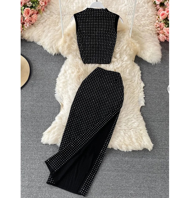 Summer Crop Top Vest Sexy Slit Diamond 2 Piece Two Piece Skirt Sets Women Outfits Good Vibrations