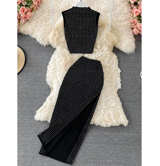 Summer Crop Top Vest Sexy Slit Diamond 2 Piece Two Piece Skirt Sets Women Outfits Good Vibrations