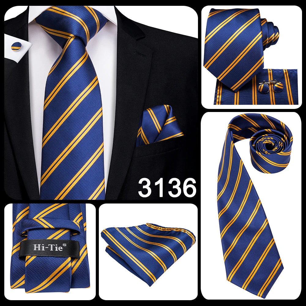Hi-Tie Navy Blue Solid Paisley Silk Wedding Tie For Men Hanky Cufflink Mens Necktie Set Business Party New Design Dropshipping Good Vibrations