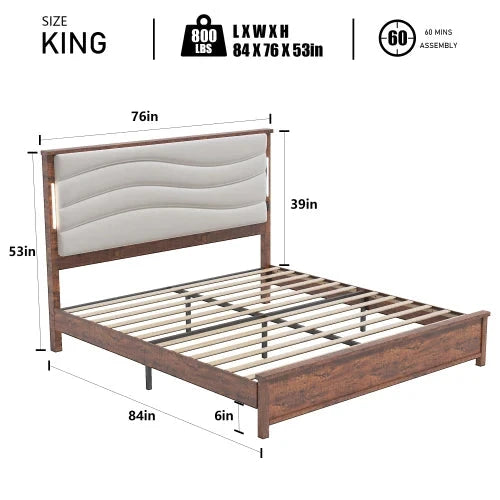 King Size Bed Frame with Upholstered Headboard, King Bed Frame with Charging Station and LED Lights, Wood Slats Good Vibrations