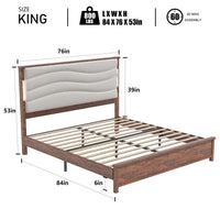 King Size Bed Frame with Upholstered Headboard, King Bed Frame with Charging Station and LED Lights, Wood Slats Good Vibrations