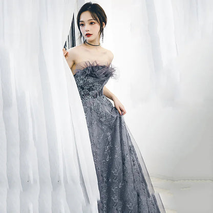 S7908F     New High -quality Hot -selling Blue Tube Top Starry Sky Plus Size Evening Dresses Women Lady Elegant Ball Gown Good Vibrations