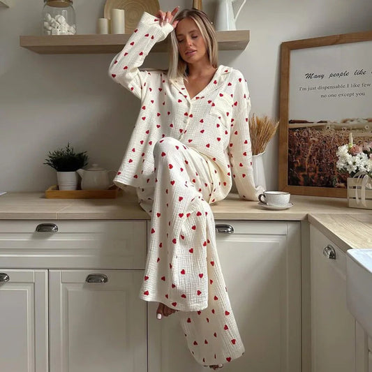 Printed Blouse and Wide Leg Pants Home Loungewear Sets Two Piece Clothing Pyjamas Women's Sleepwear Cotton Pajamas for Women Set Good Vibrations