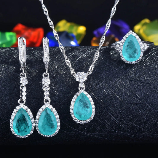 Luxury Wedding Silver Color Accessories Set For Bride Simulated Paraiba Water Drop Tourmaline Ring Necklace Earring Jewelry Set Good Vibrations