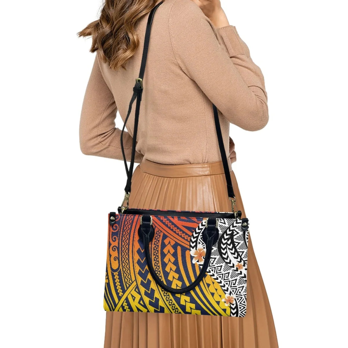 Customized Luxury Leather Women Handbag Hawaii Tribal Polynesian Tattoo Print Pu Leather Purse Shoulder Bag Lightweight Tote Bag Good Vibrations