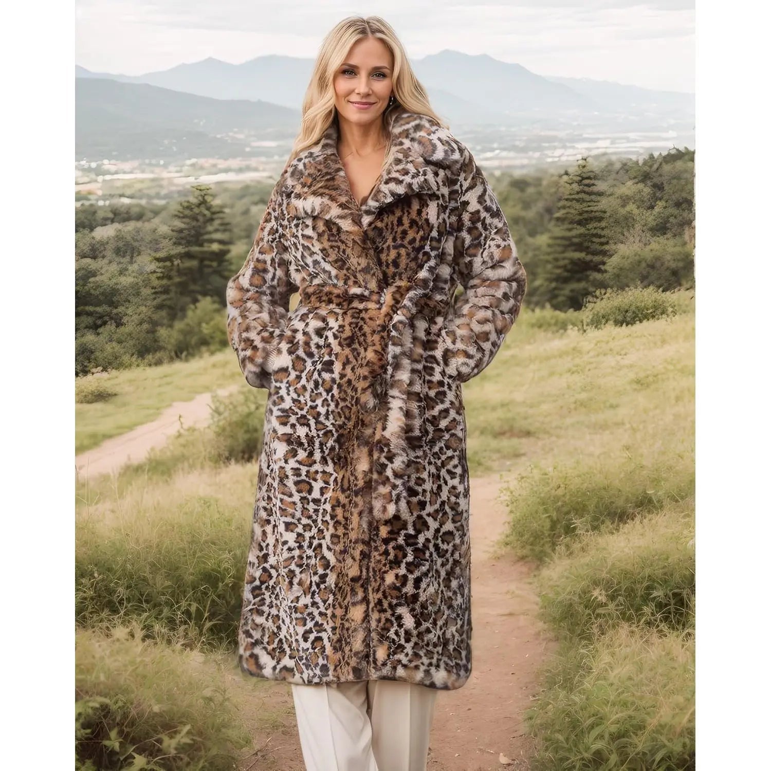 Women's Sexy Mink Faux Fur Overcoat with Long Cheetah Print Thicken Pocketed Dressy Jacket for Banquets and Outings Good Vibrations