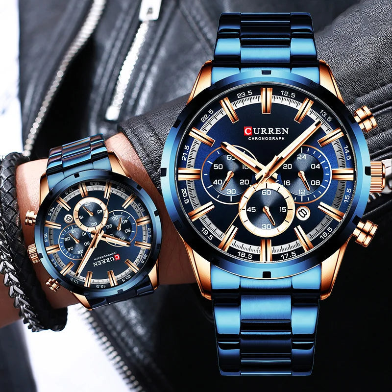 Curren Men's Watch Blue Dial Stainless Steel Band Date Mens Business Male Watches Waterproof Luxuries Men Wrist Watches for Men Good Vibrations