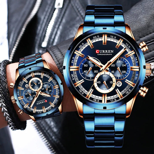 Curren Men's Watch Blue Dial Stainless Steel Band Date Mens Business Male Watches Waterproof Luxuries Men Wrist Watches for Men Good Vibrations