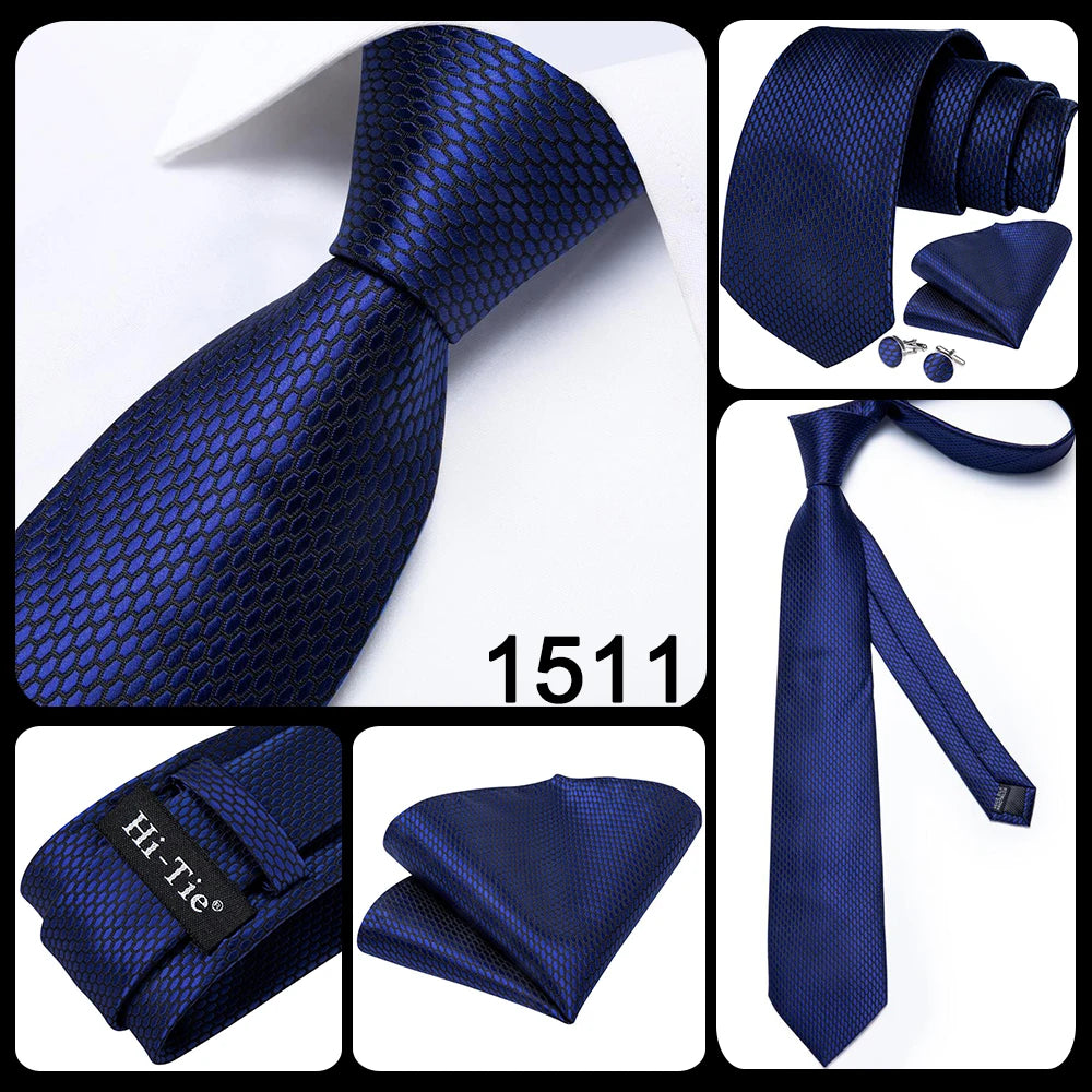 Hi-Tie Navy Blue Solid Paisley Silk Wedding Tie For Men Hanky Cufflink Mens Necktie Set Business Party New Design Dropshipping Good Vibrations