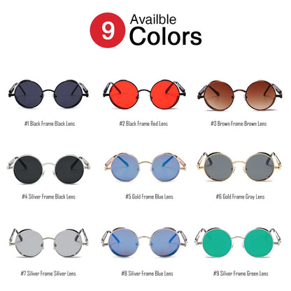 VIVIBEE Vintage Steampunk Red Sunglasses Men Round Punk Alloy Metal Retro Sun Glasses Women 2025 Goggles Gothic Style Shades Good Vibrations