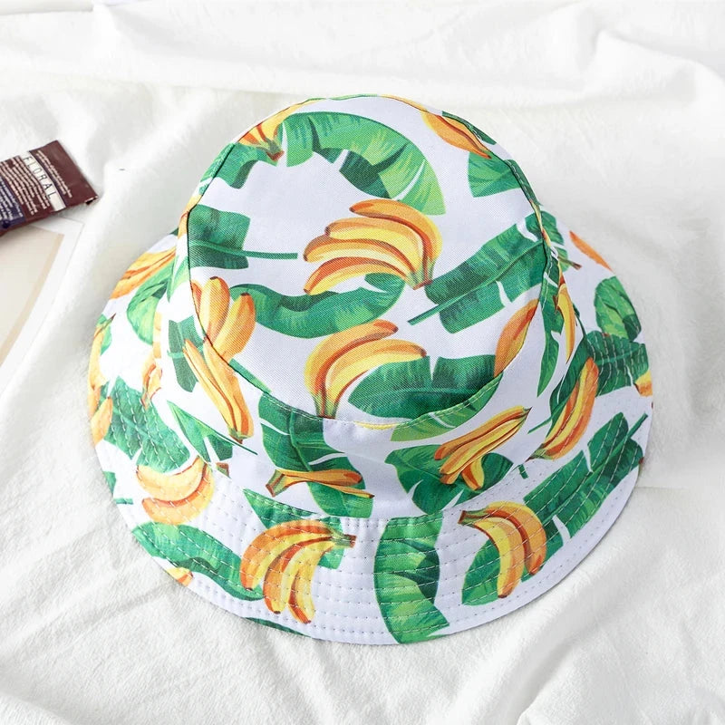 Hot Sale Unisex Bucket Hats Summer Double-sided Wear Fruit Printing Women Cap Outdoor Sun Hat Men Classic Panama Bucket Hat Good Vibrations