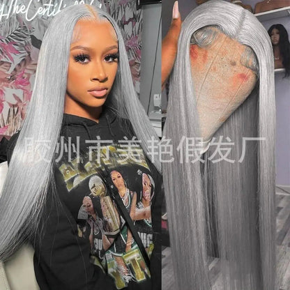 Qingdao Wig Factory Direct Sales Small Cap Size 13*4 Lace Wig Light Brown Lace Hot-Selling Long Straight Gray Chemical Fiber Wig Good Vibrations