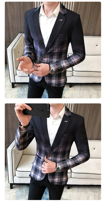 Blazer Men Boutique Fashion Plaid Men's Slim Casual Suit Jacket Male Ball Social Blazer Suit Coat Host Clothing Good Vibrations