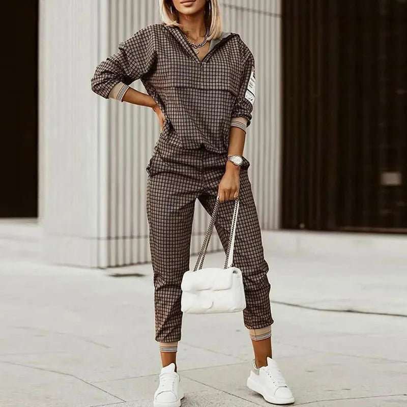 Spring Autumn Lady Casual Long Pants Suit Women Patchwork Zip Top Print Trousers Set Loose High Waist Pants Two Piece Set Outfit Good Vibrations