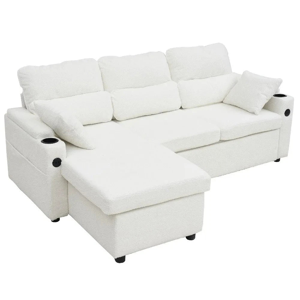Convertible Sleeper Sofa 2in1, LShaped Sectional Futon Bed with Storage, USB Ports, Cup Holders, and Reversible Chaise Good Vibrations