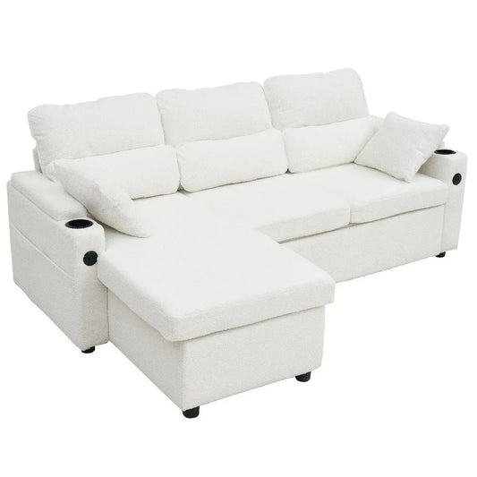 Convertible Sleeper Sofa 2in1, LShaped Sectional Futon Bed with Storage, USB Ports, Cup Holders, and Reversible Chaise Good Vibrations