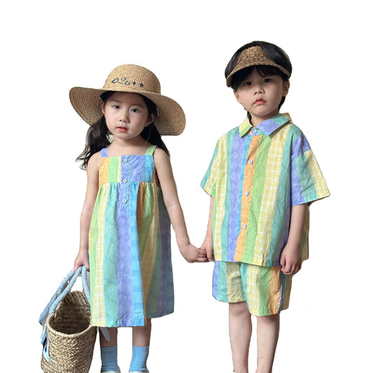 Children's Summer Set Boys Cotton 2024 New Baby Summer Dress Western Style Girls Dress Sister and Brother Good Vibrations