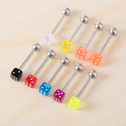 2pcs Good Luck Dice Tongue Ring Surgical Steel Tongue Piercing Barbell Colorful Labret Stud Bar for Women Men Body Jewelry 14G Good Vibrations