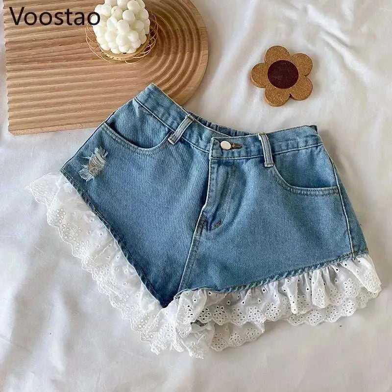 Summer sweet Lolita style denim shorts with lace and ruffles, Voostao brand.