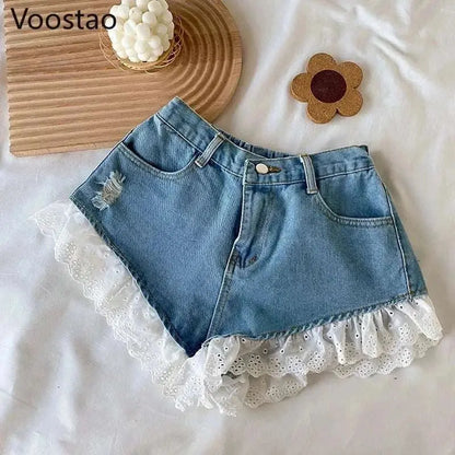 Summer sweet Lolita style denim shorts with lace and ruffles, Voostao brand.