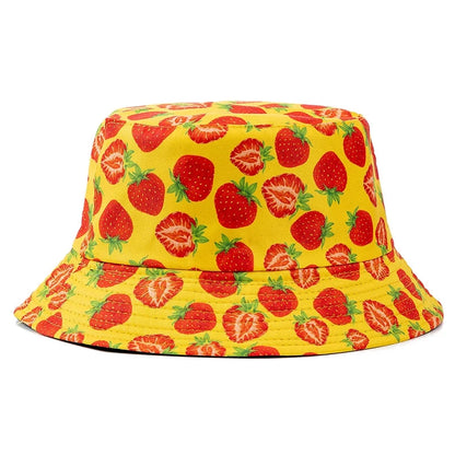 Hot Sale Unisex Bucket Hats Summer Double-sided Wear Fruit Printing Women Cap Outdoor Sun Hat Men Classic Panama Bucket Hat Good Vibrations