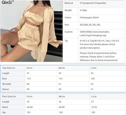 QINSI Sexy Bathrobe Silk Pajamas for Women Three Pieces Bra Robes Women Set Sleepwear Long Sleeved Satin Sexy Nightwear Good Vibrations