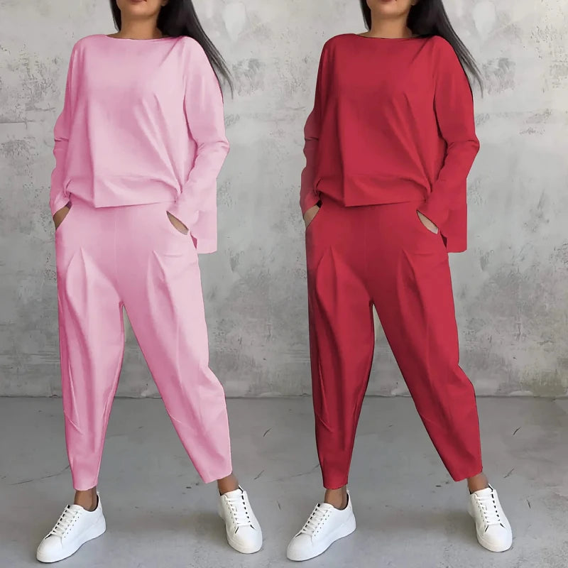 Plus Size Spring Fall Women's Clothing Ladies Solid Color O Neck Long Sleeve T Shirt Pocket Pants Casual Two Piece Women Set Good Vibrations