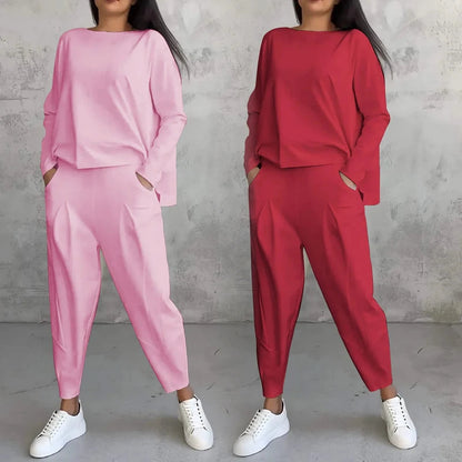Plus Size Spring Fall Women's Clothing Ladies Solid Color O Neck Long Sleeve T Shirt Pocket Pants Casual Two Piece Women Set Good Vibrations