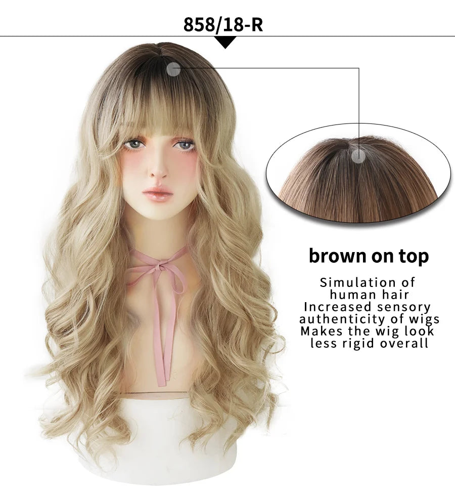7JHHWIGS Long Wavy Synthetic Black Wigs For Women With Fringe Fashion Heat Resistant Mid-Length Daily Straight Light Brown Hair Good Vibrations