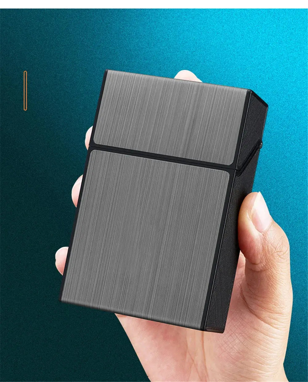 Portable metal cigarette case with 20pcs capacity held in hand.