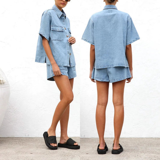 Trendy Women Set 2 Piece Casual Short Sleeve Boxy Shirt Tops and Shorts Lounge Sets Outfits 2025 Summer Denim Set for Women Good Vibrations