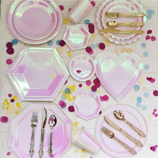 Rose Gold Disposable Tableware sets Paper Plates/cups/straws Iridescent Wedding Birthday Party Decor rainbow Dish Party Supplies Good Vibrations