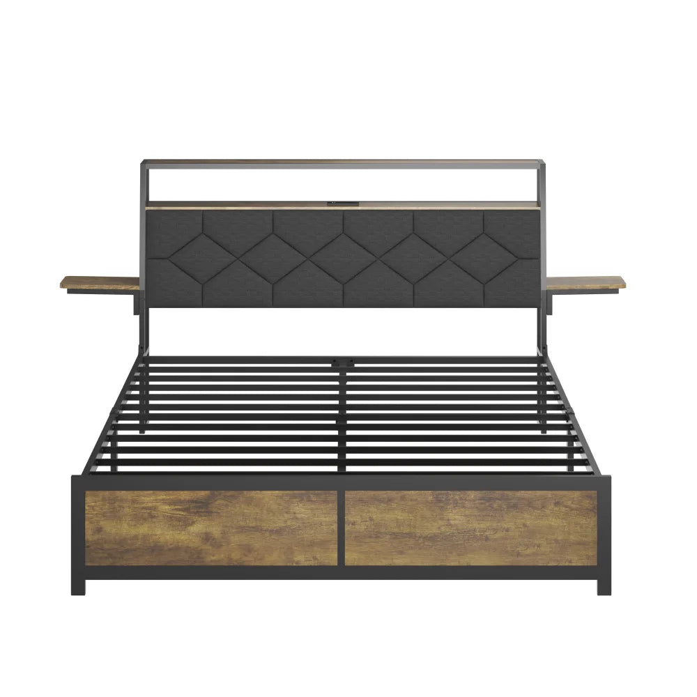 Queen Bed Frame with Storage Headboard, Built-in Charging Station, RGB LED Lights, Side Shelf, No Box Spring Needed Good Vibrations