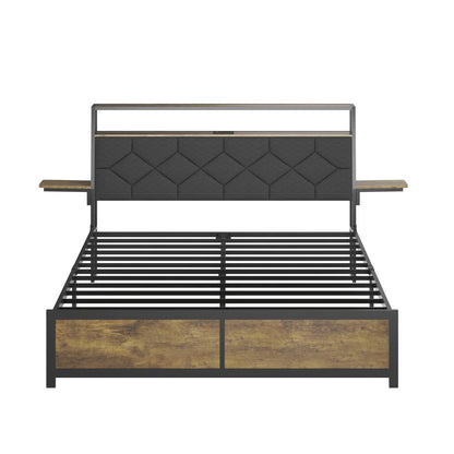 Queen Bed Frame with Storage Headboard, Built-in Charging Station, RGB LED Lights, Side Shelf, No Box Spring Needed Good Vibrations