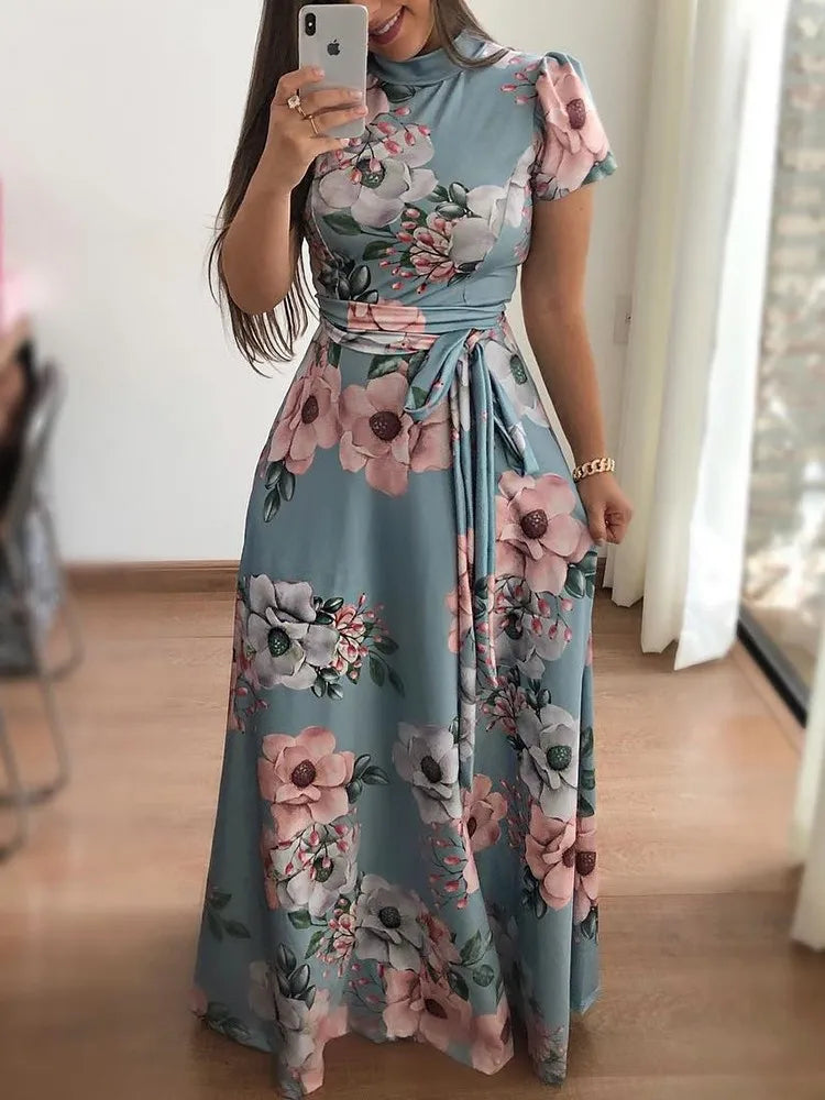 Women's Boho Floral Print Maxi Dress Elegant for Bandage Party Vestido with Long Sleeves for Summer Plain Dyed Casual Long Dress Good Vibrations