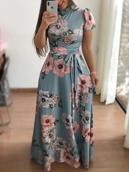 Women's Boho Floral Print Maxi Dress Elegant for Bandage Party Vestido with Long Sleeves for Summer Plain Dyed Casual Long Dress Good Vibrations