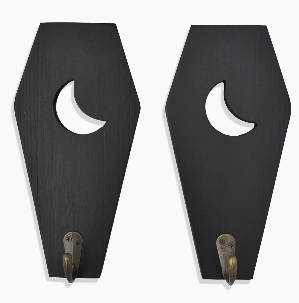 2 PCS Rustic Wall Mounted Coffin Key Holder Spooky Gothic Home Decor Halloween Decor Black Wooden Hanger Hooks for Keys Mugs Good Vibrations